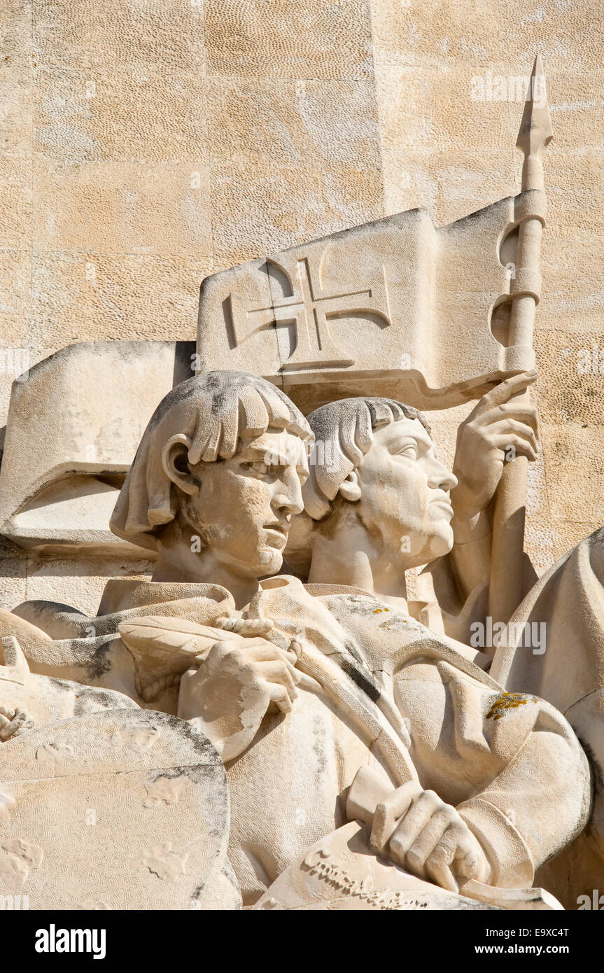 Vertical close up of figures on the Monument to the Discoveries in Belém, Belem Lisbon Stock Photo