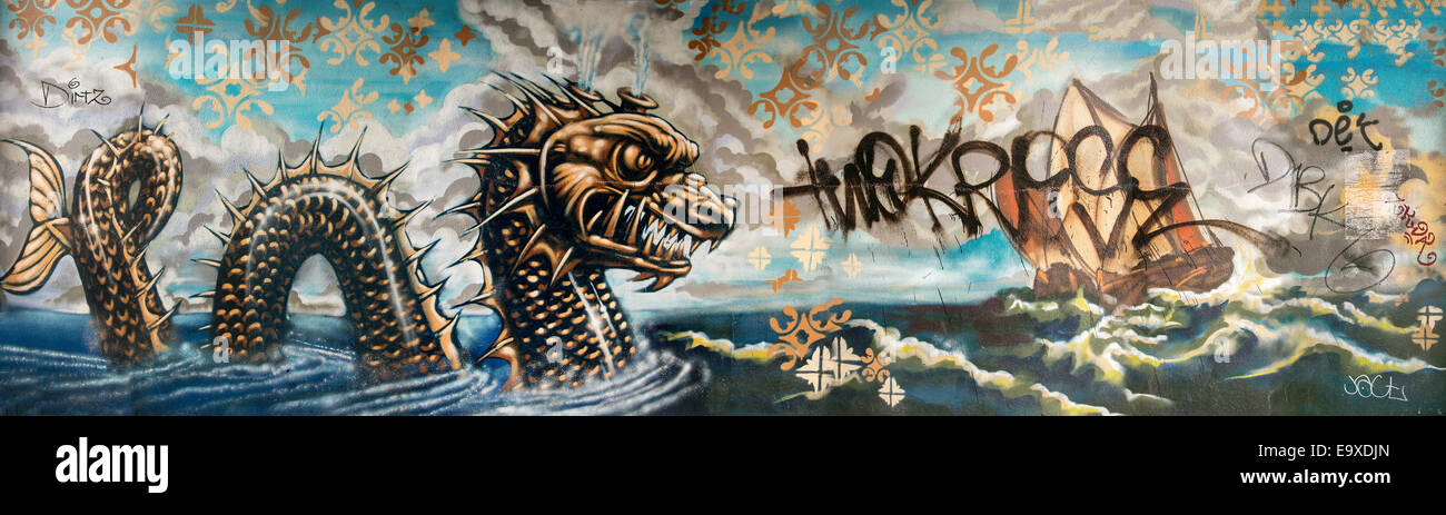 Street art graffiti piece in Bristol, sea dragon Stock Photo