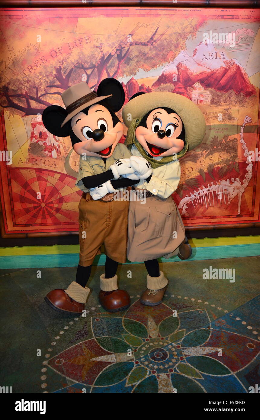 Mickey and Minnie Mouse share a kiss at Animal Kingdom, Walt Disney World, Orlando, Florida. Stock Photo