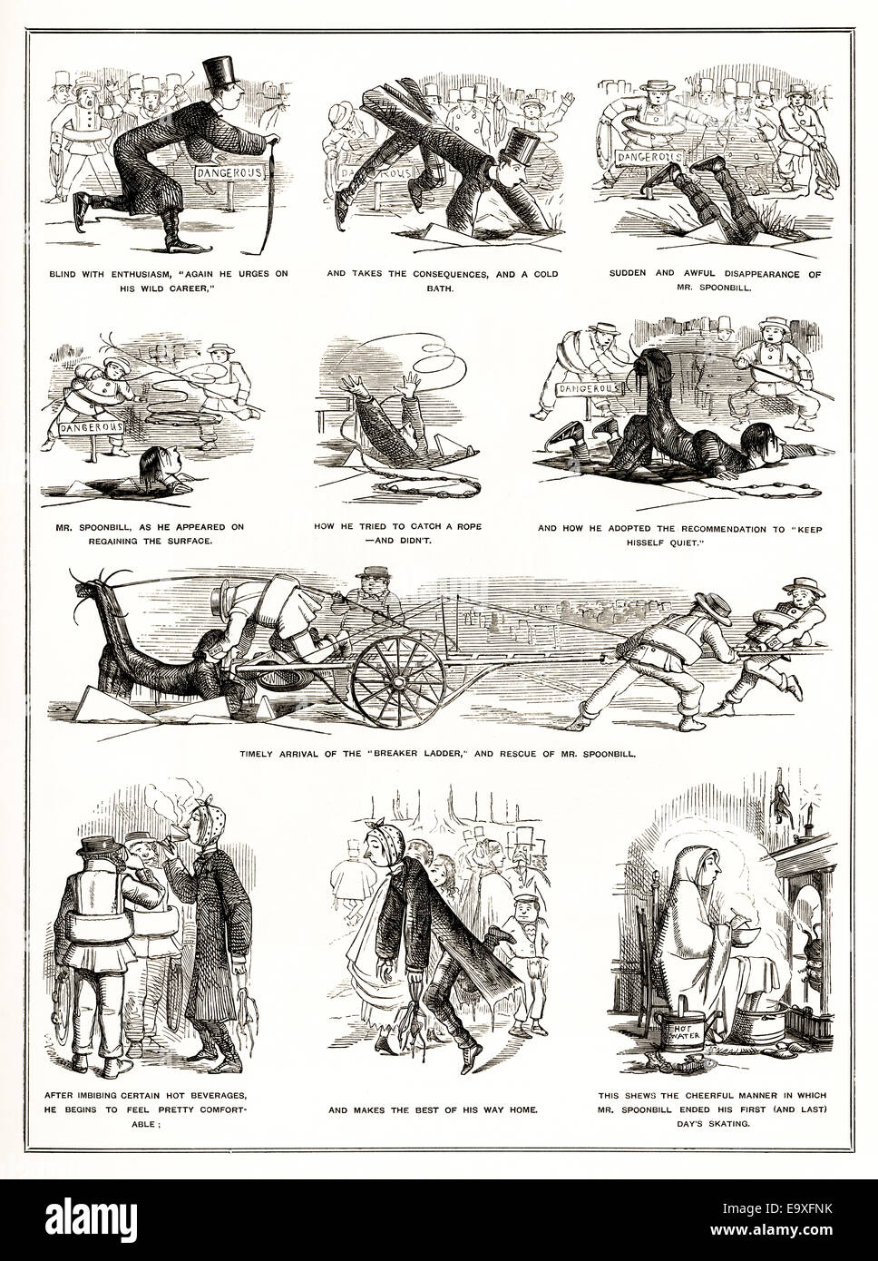 amusing Victorian illustration from 1855 by Sir John Tenniel, “Mr Spoonbill’s Experiences in the Art of Skating” Stock Photo