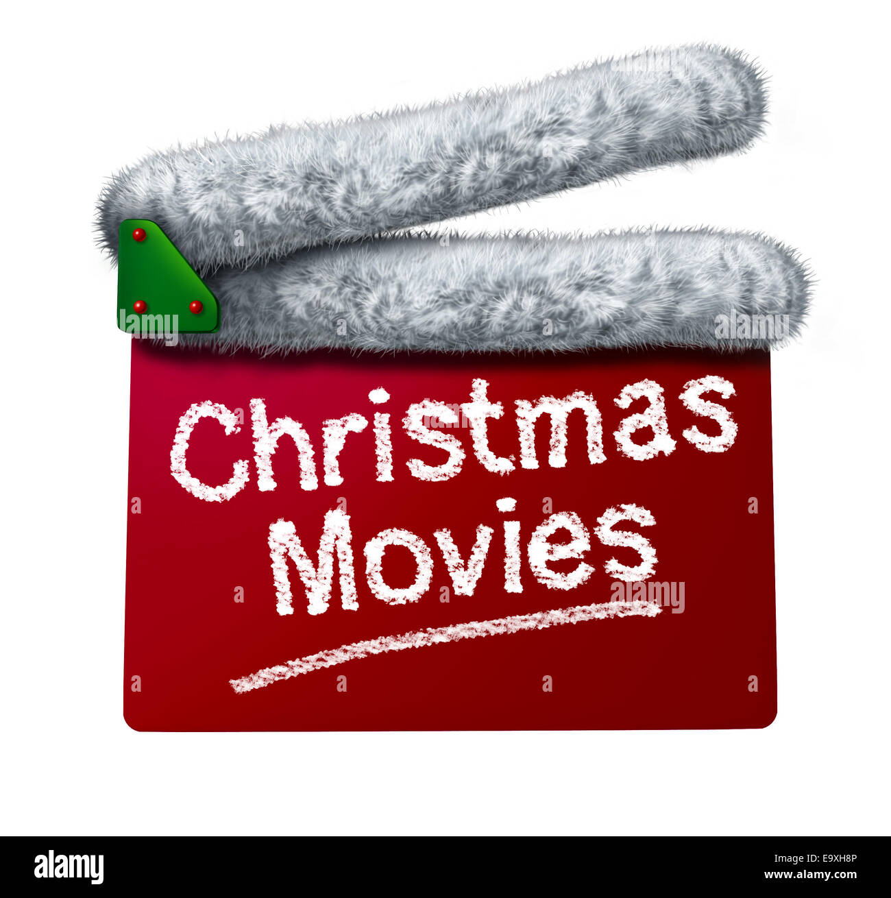 Christmas movies and holiday classic cinema and TV flicks with a red clapperboard and a Santa Clause hat white fur trim as an entertainment symbol of the winter film industry cinematic releases on a white background. Stock Photo