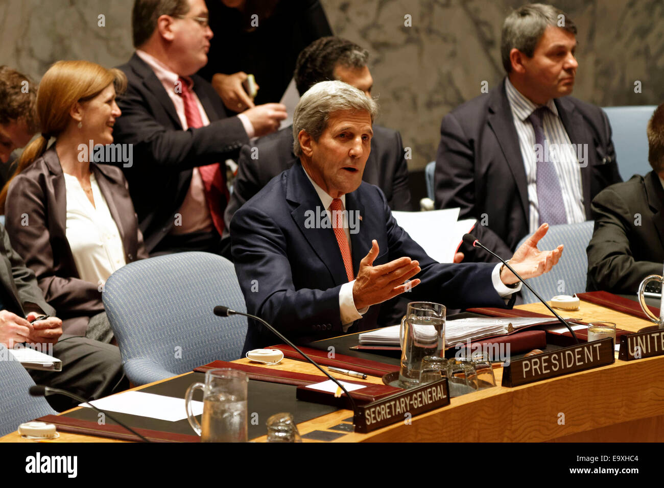 United States' Secretary of State John Kerry chairs a meeting of the Security Council at UN Headquarters in New York. Stock Photo