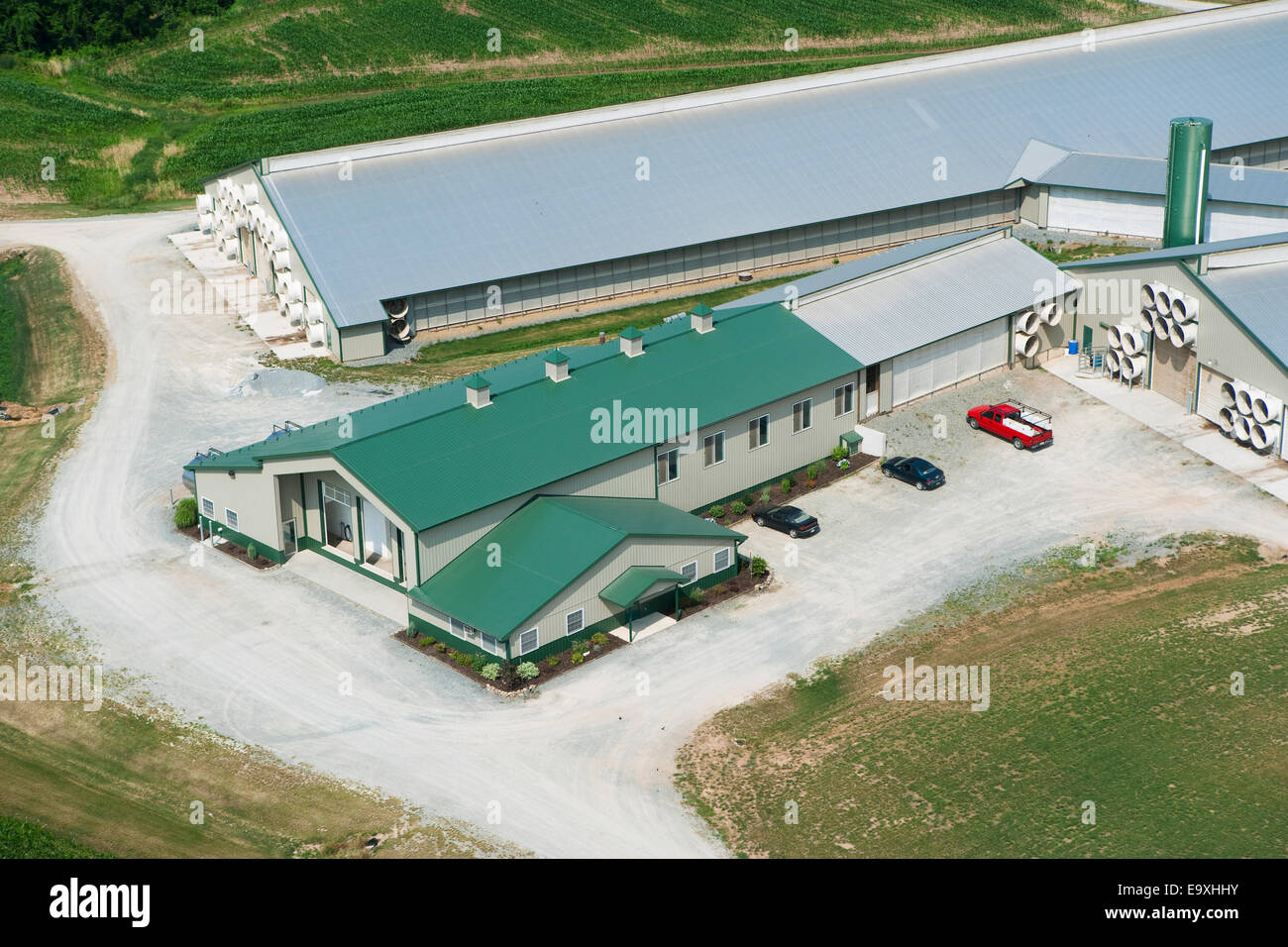 Agriculture Aerial view of new construction of a milking parlor at a