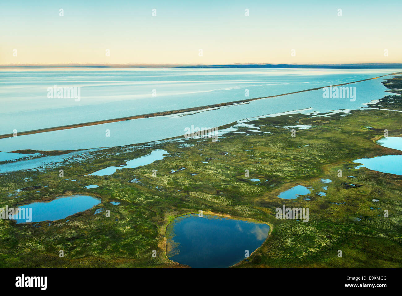 Aerial view of Grants Lagoon and Lake Iliamna in early summer, Southwestern Alaska Stock Photo