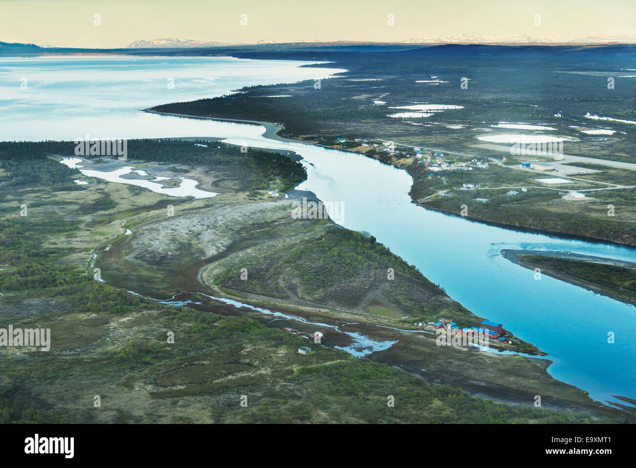 Aerial view of Lake Iliamna, the headwaters of the Kvichak River, and the village of Igiugig, Southwestern Alaska Stock Photo