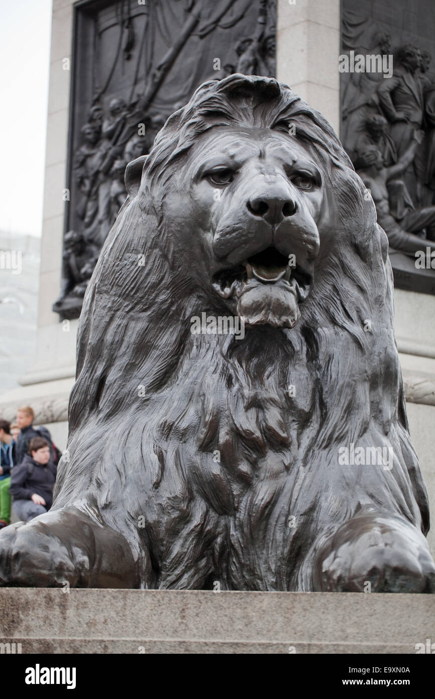 Trafalgar Square. London. England.  A 'Landseer Lion' on plinth. Stock Photo