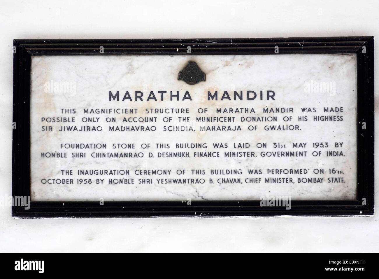 Mumbai, Maharashtra, India. 10th Oct, 2014. A plaque at the Maratha Mandir Cinema. The Hindi