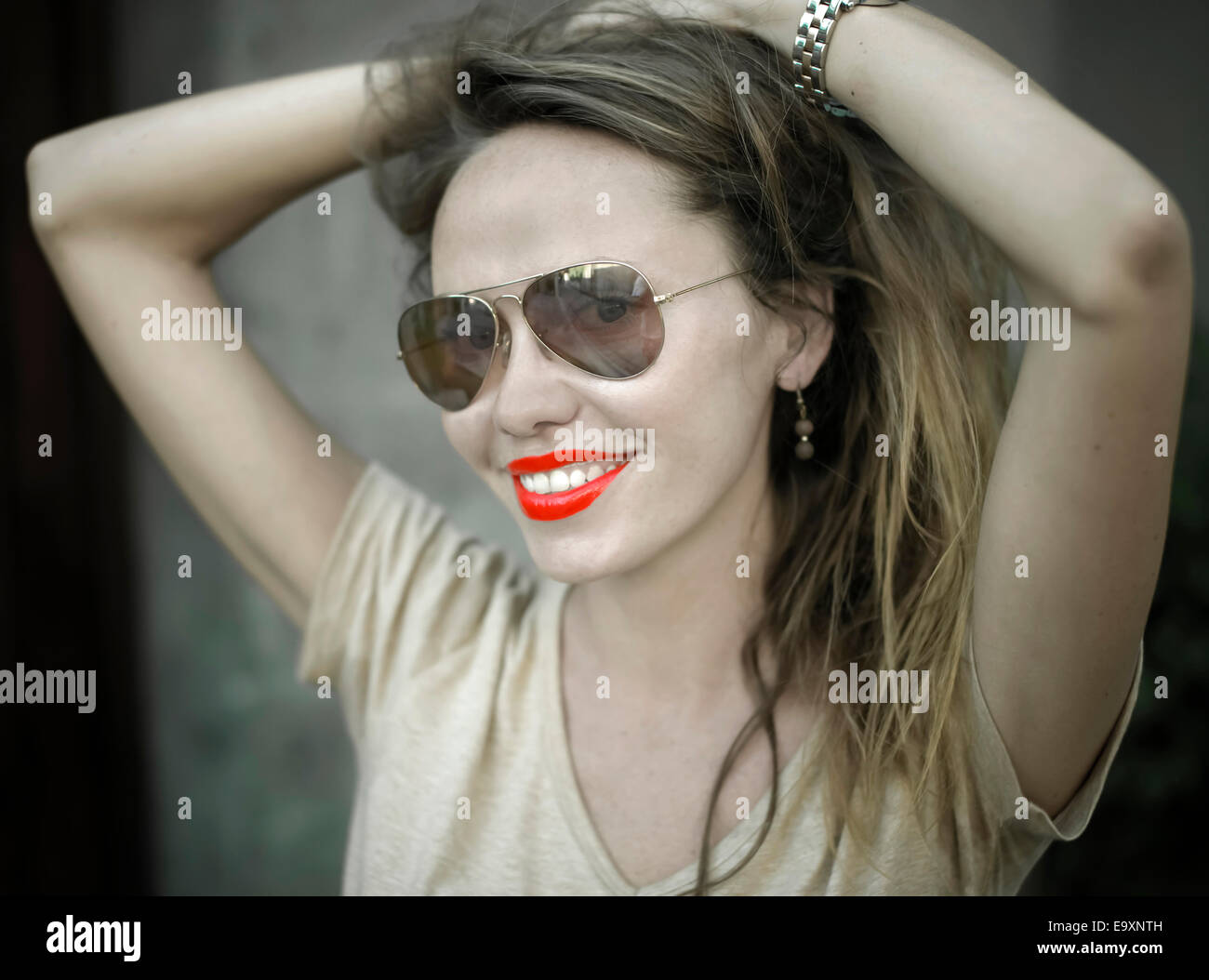Portrait of Young Beautiful Woman with Red Lips Stock Photo