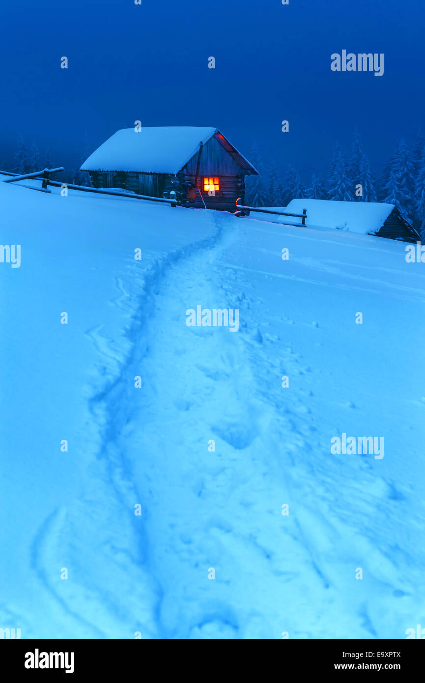 wooden house in winter forest Stock Photo - Alamy