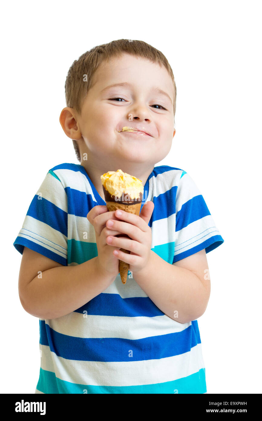 funny kid boy eating ice cream isolated Stock Photo