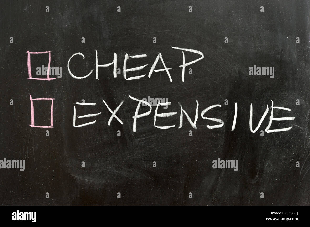 Cheap or expensive options on the chalkboard Stock Photo