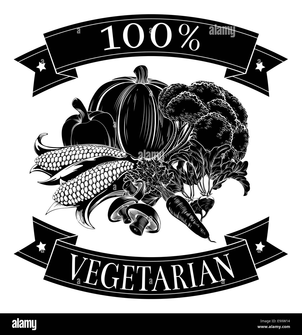 Vegetarian 100 percent label with vegetables and reading 100 percent vegetarian Stock Photo
