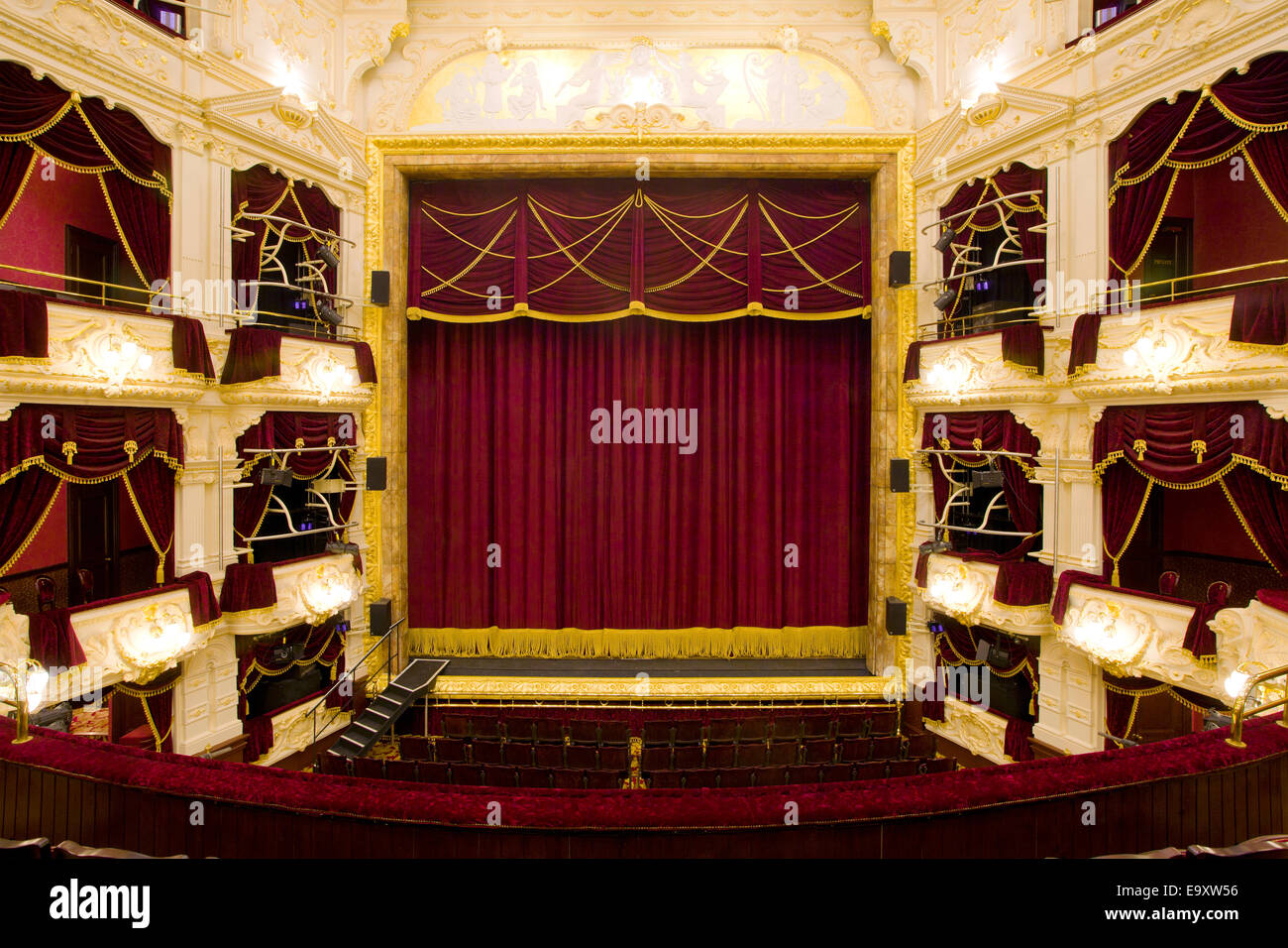 Theatre Royal Newcastle, Gateshead, United Kingdom. Architect: Sansome Hall Architects, 2011. Stage and loges after refurbishmen Stock Photo