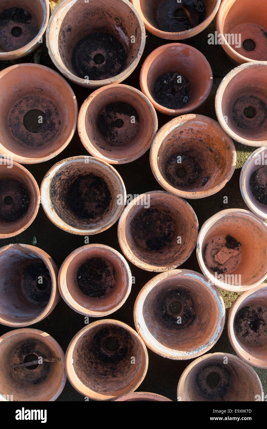 Terracotta plant pots pattern in sunlight Stock Photo