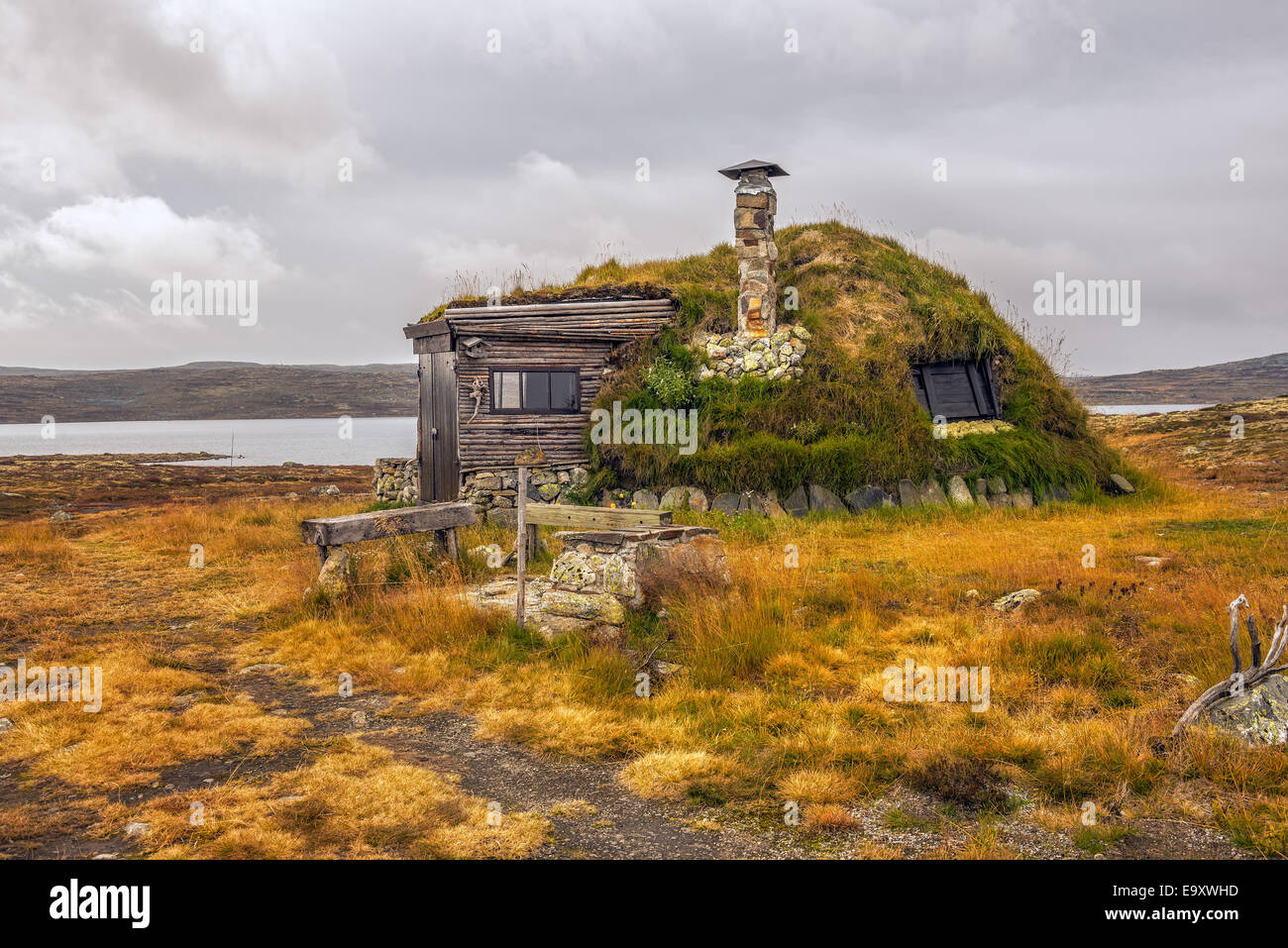 Cabin with turf roof near Hardangervidda National Park with a lake in the background, Hordaland county, Norway Stock Photo