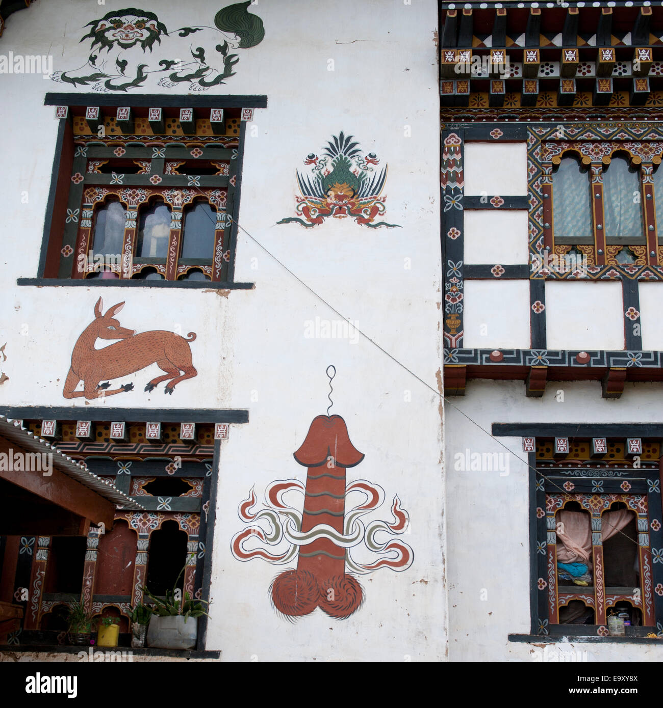 Fertility sign in Bhutan, Chhimi Lhakhang, Punakha District Stock Photo