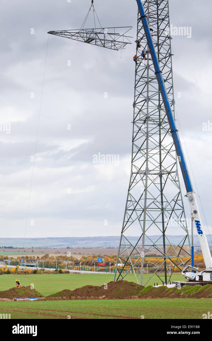 Construction of a high-voltage mast of the South-West Interconnector, a 380 kV high-voltage line between Saxony-Anhalt and Stock Photo