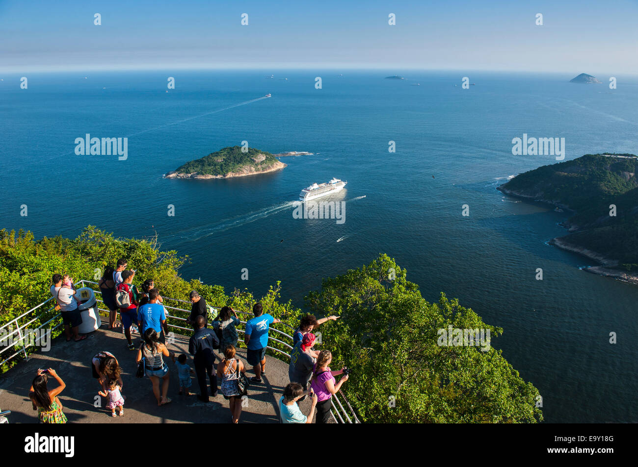 View from the Sugarloaf Mountain or Pão de Açúcar onto a cruise ship, Rio de Janeiro, Brazil Stock Photo