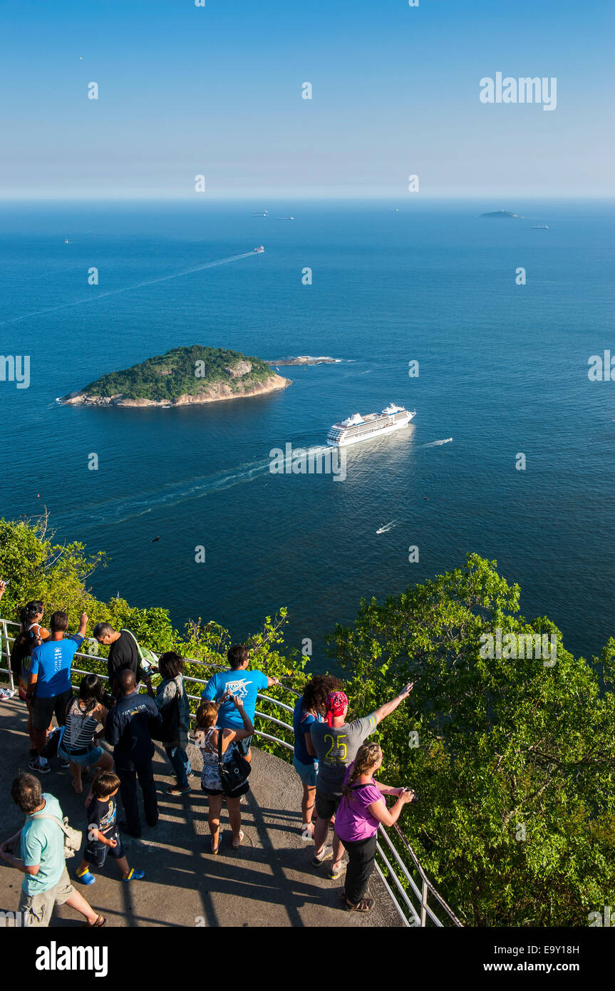 View from the Sugarloaf Mountain or Pão de Açúcar onto a cruise ship, Rio de Janeiro, Brazil Stock Photo