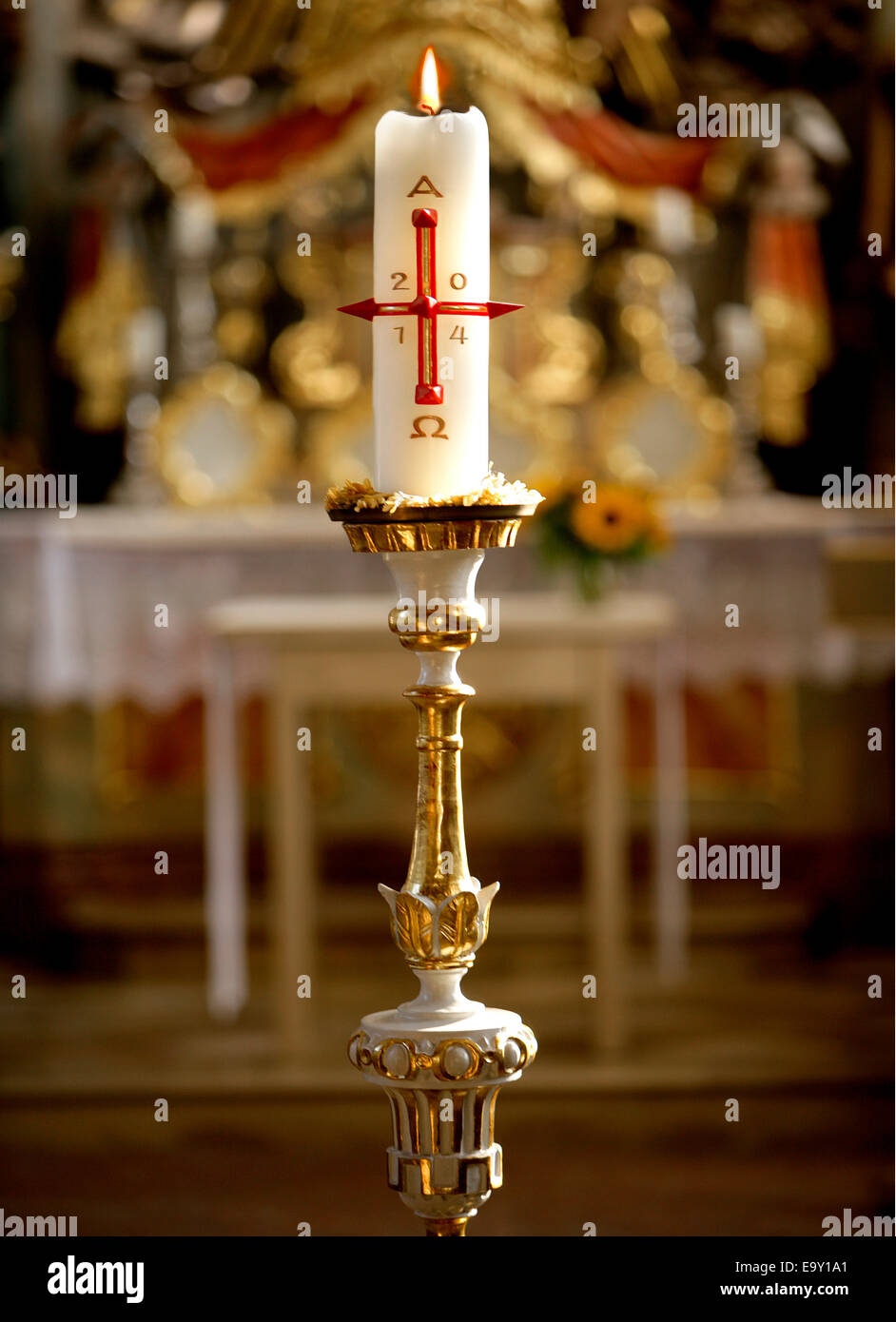 Easter candle for the year 2014, cemetery chapel, Johanneskirchen, Munich, Bavaria, Germany Stock Photo