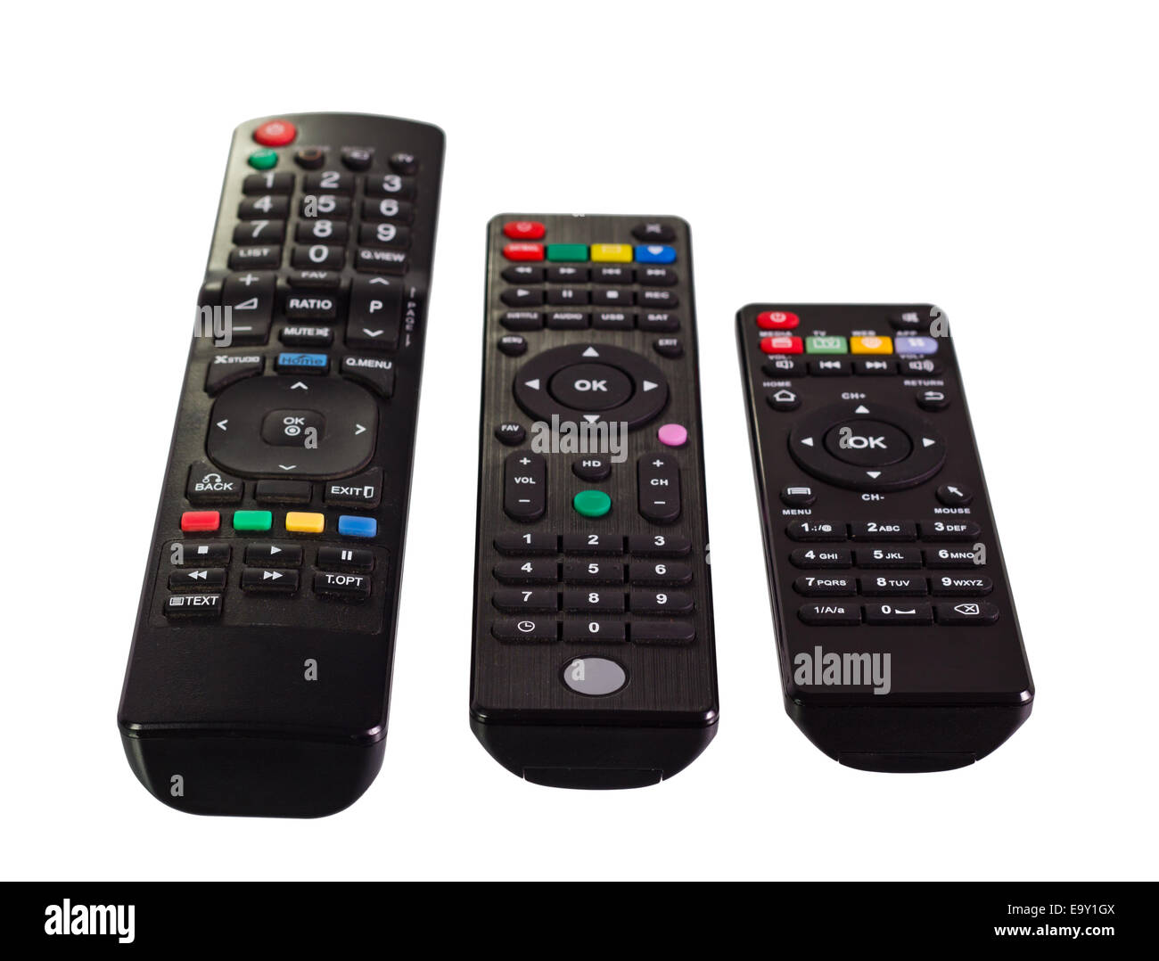 3 different type of remote controls on isolate white background. Stock Photo