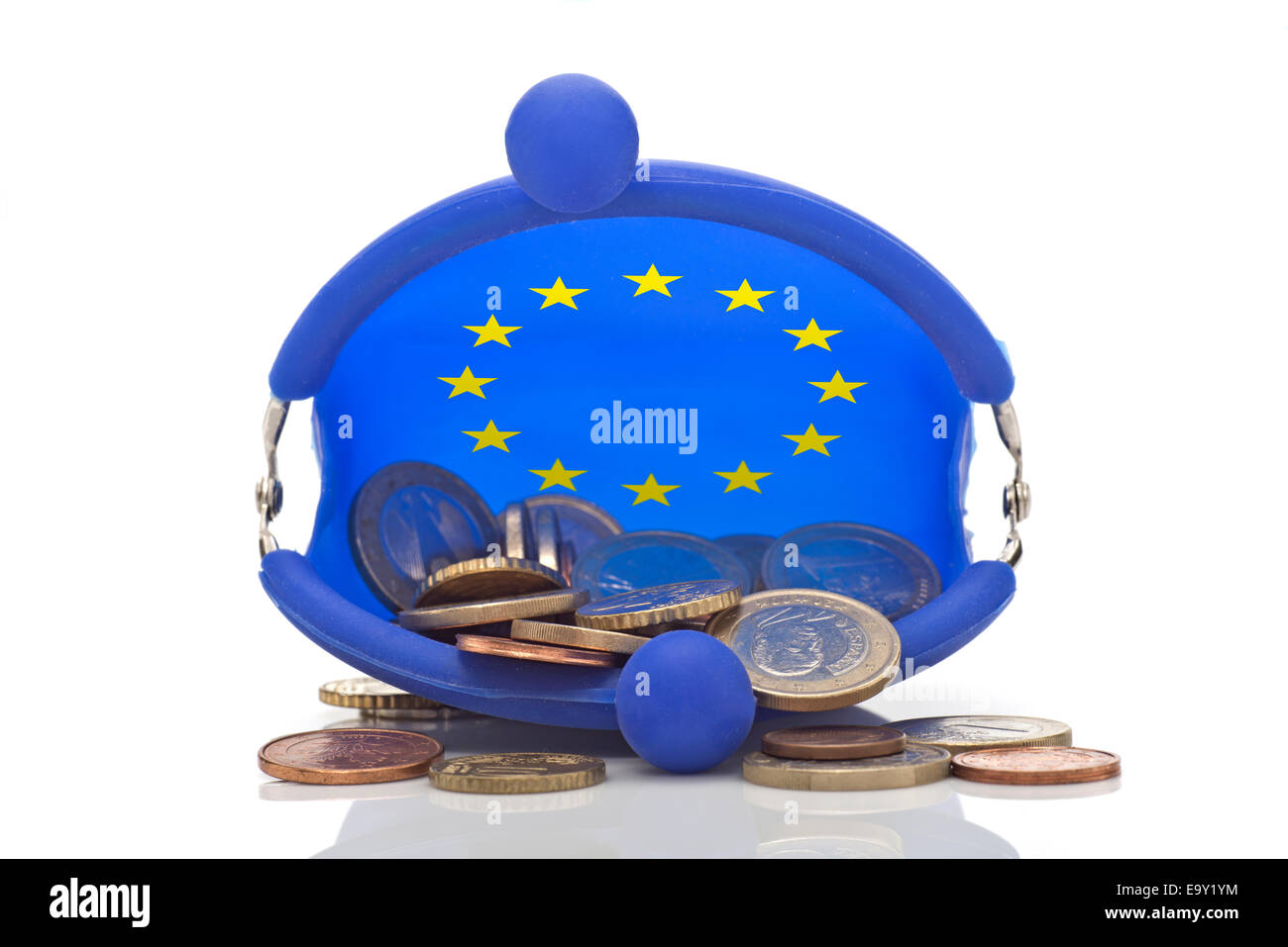 European coins in a blue purse with euro-stars Stock Photo
