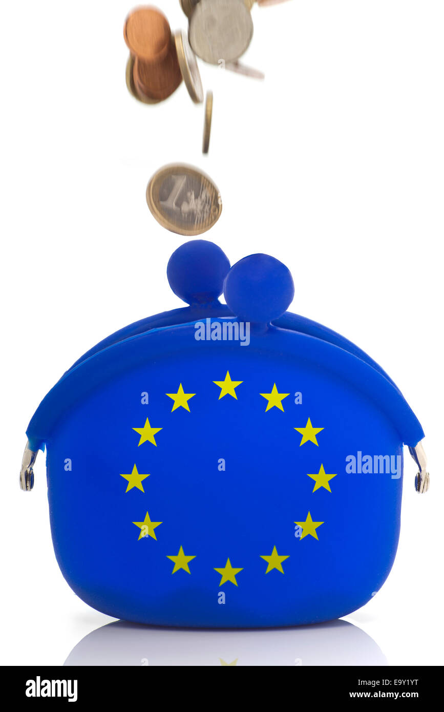 Coins falling into a blue purse with euro-stars Stock Photo