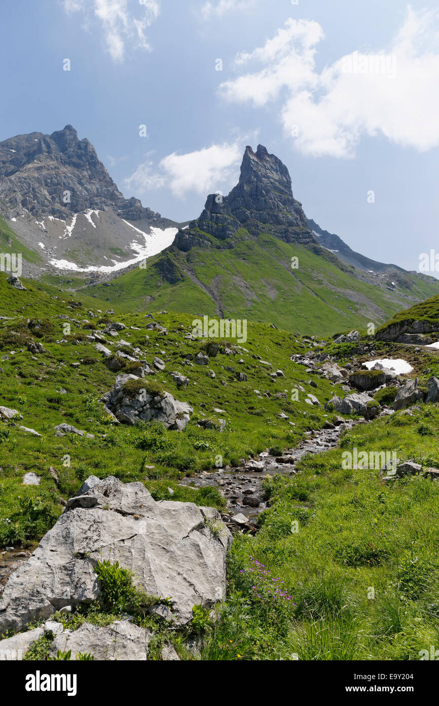 Rote Wand Mountain and Rothorn Mountain, Upper Laguz Alps, Großes Walsertal Biosphere Park, Vorarlberg, Austria Stock Photo