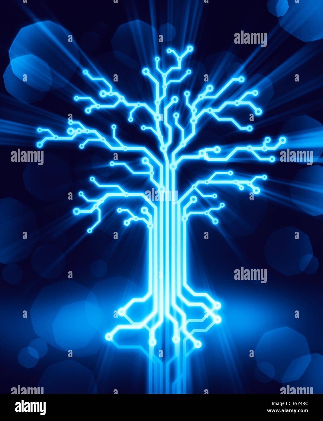 Glowing digital tree made of circuits, conceptual illustration blue on black background Stock Photo