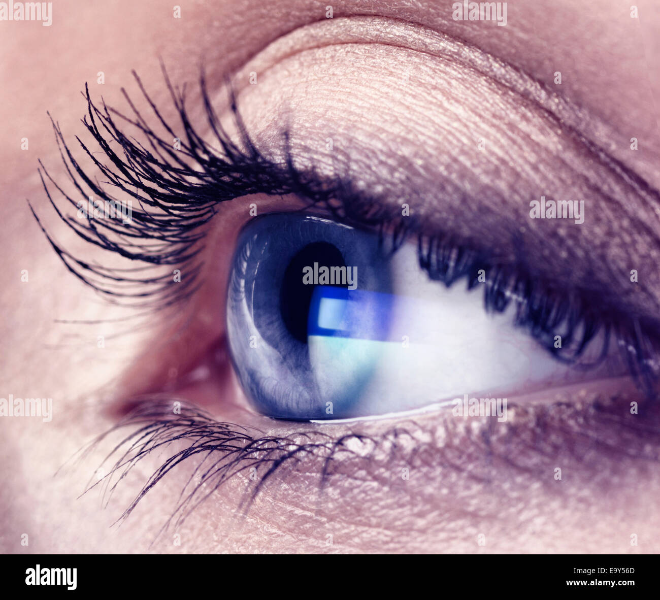 Closeup of a young woman eye with blue computer screen reflection in it Stock Photo