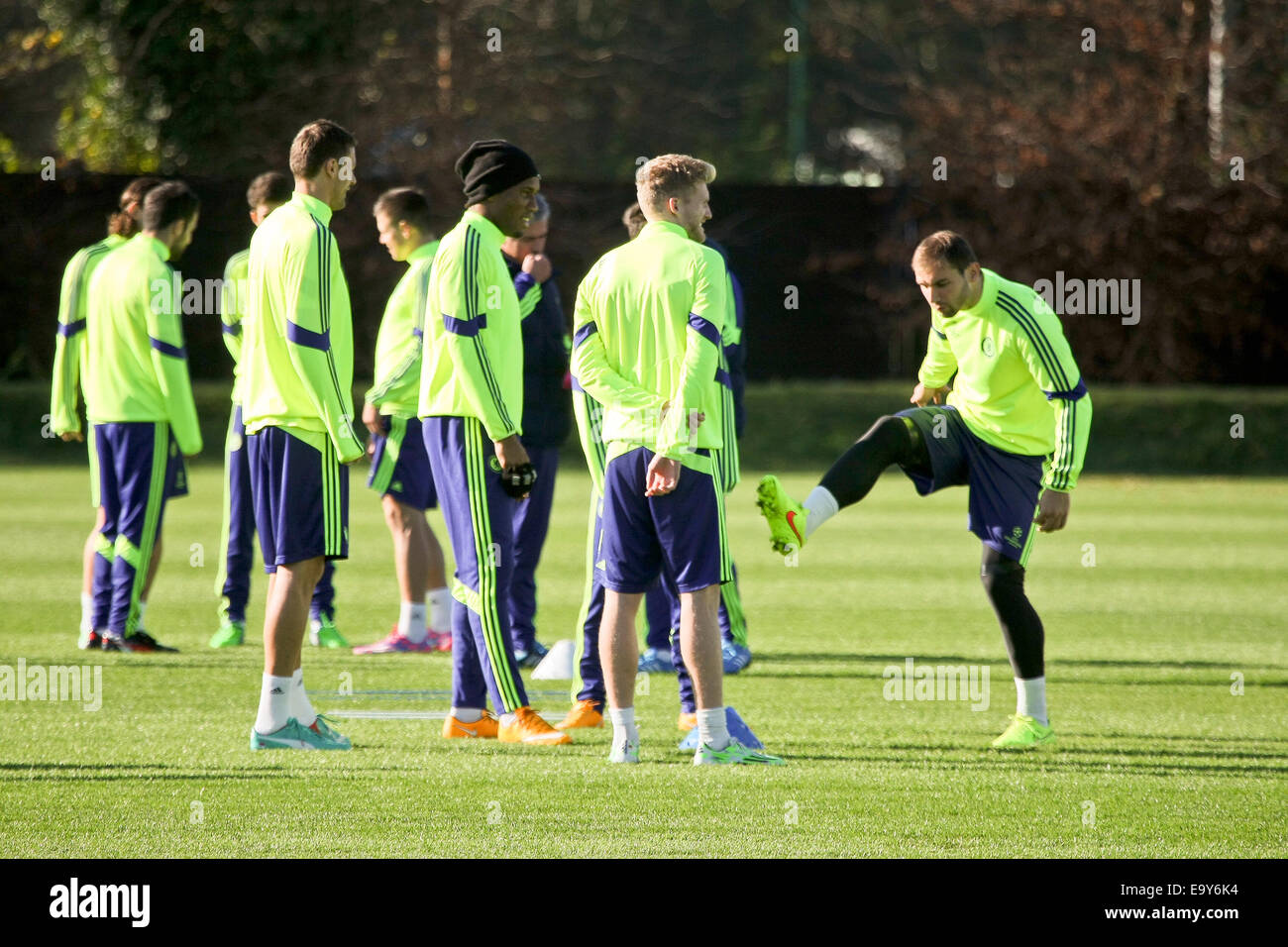 Players of Chelsea Football Club train at their Cobham, Surrey