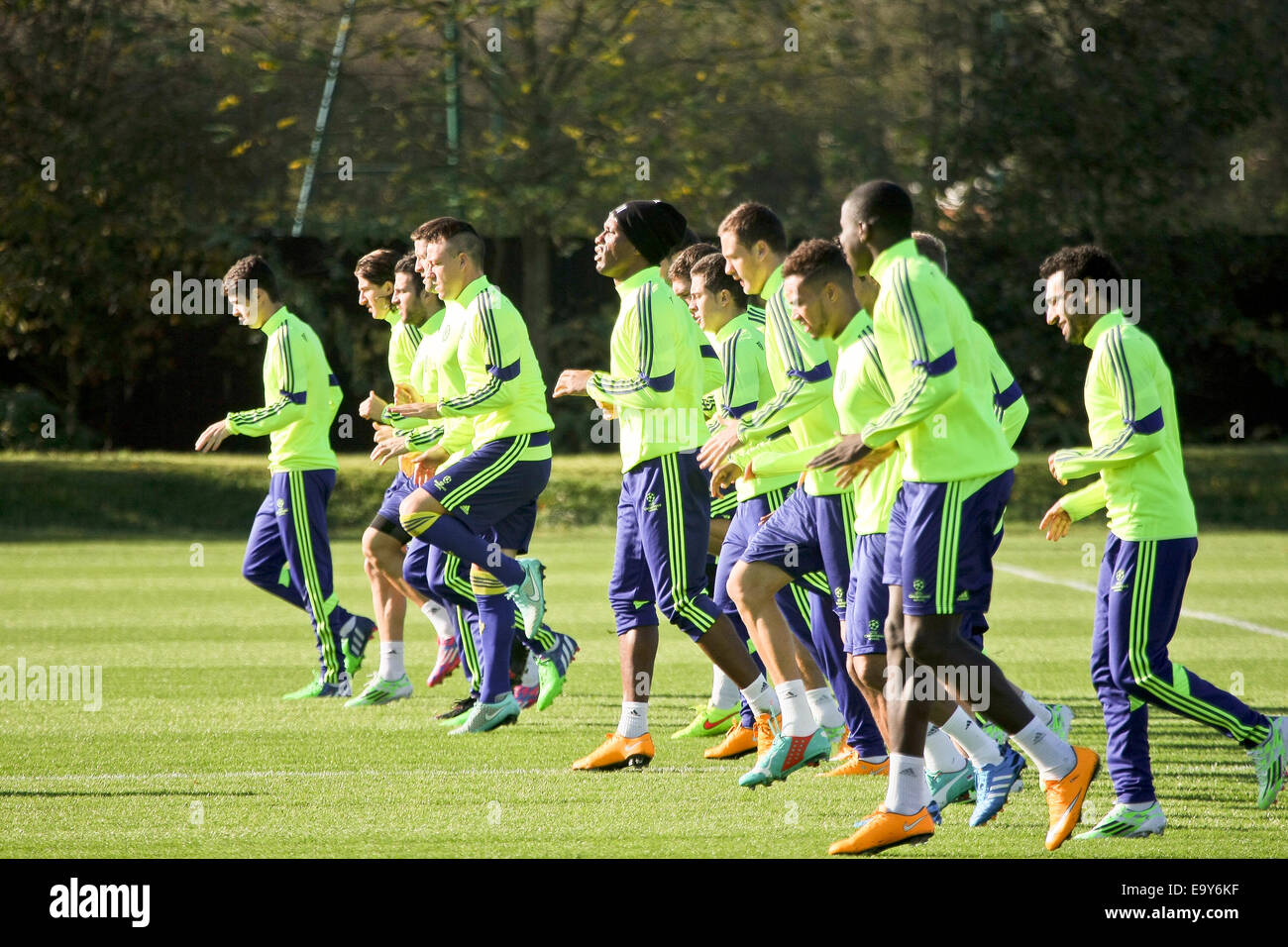Players of Chelsea Football Club train at their Cobham, Surrey