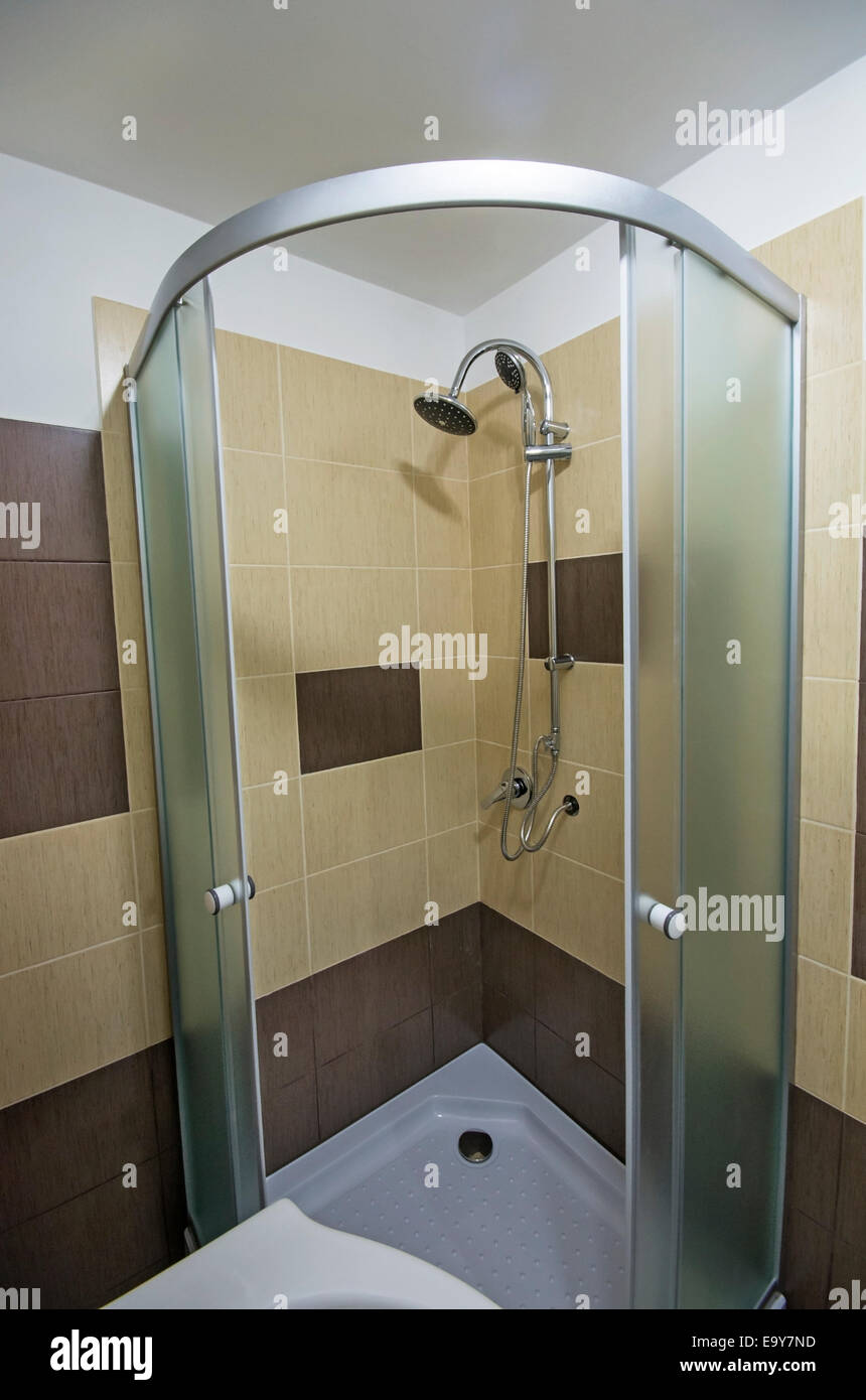 Close up image with a shower cabin in bathroom Stock Photo Alamy