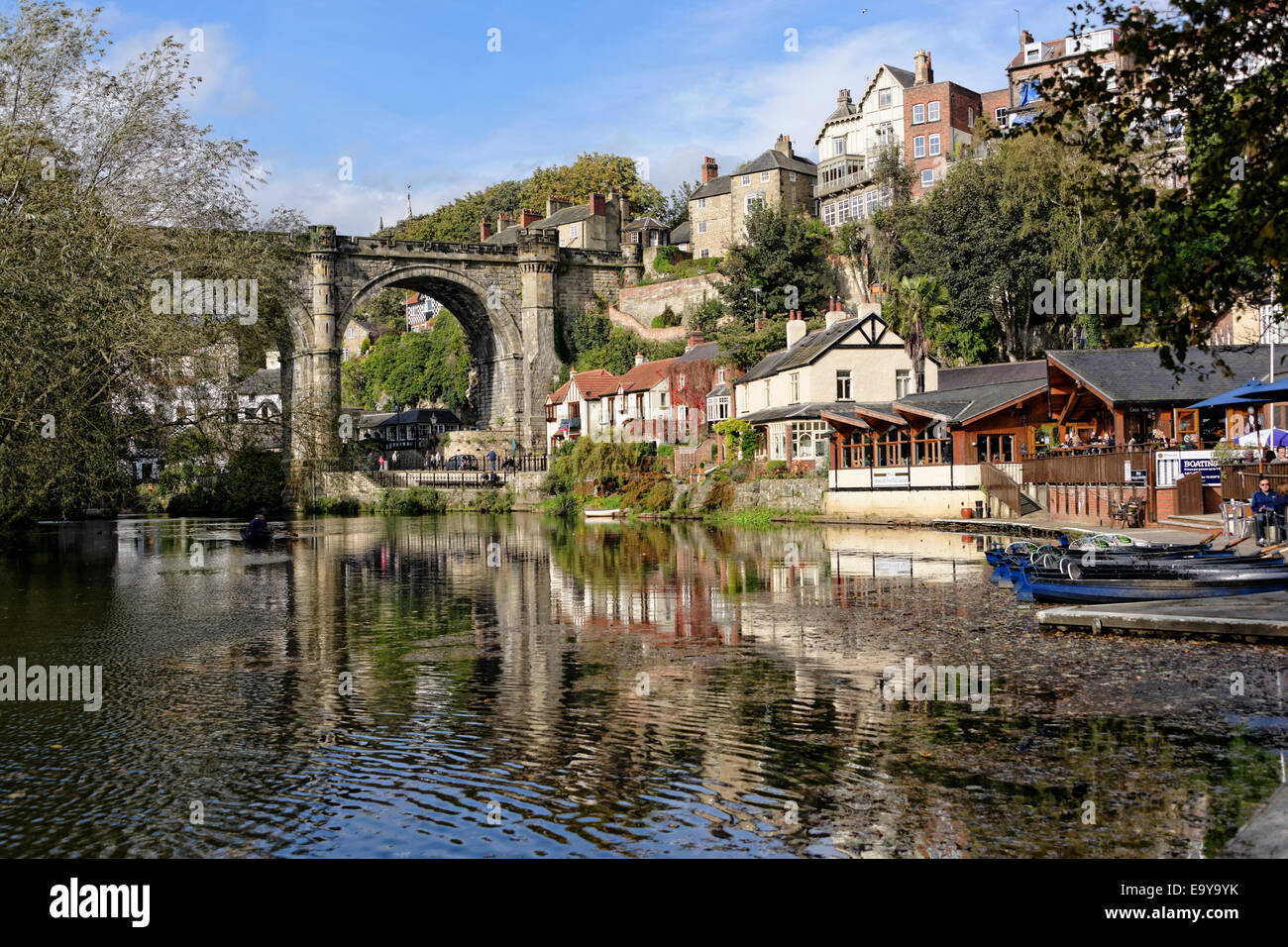 The iconic riverside view of Knaresborough, in Autumn, North Yorkshire, England Stock Photo