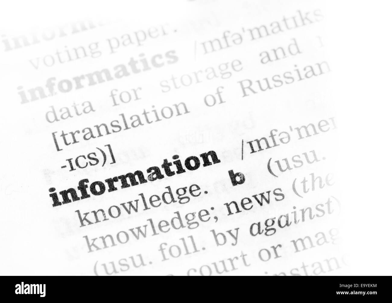 Information Dictionary Definition single word with soft focus Stock