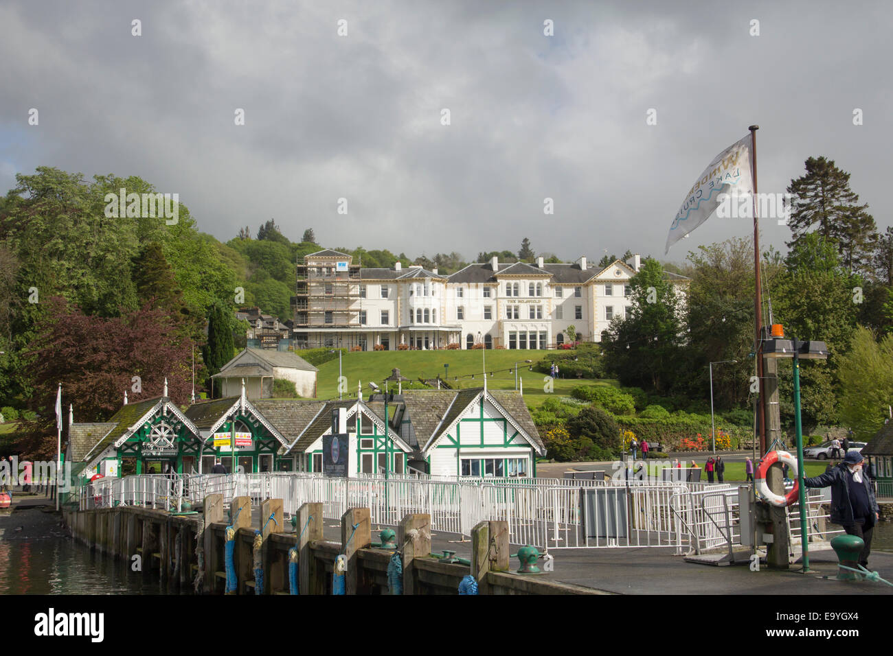 Bowness-on-Windermere steamer pier Lewis's Coffee Shop cafe from ship-side with the Belsfield Hotel in the background. Stock Photo