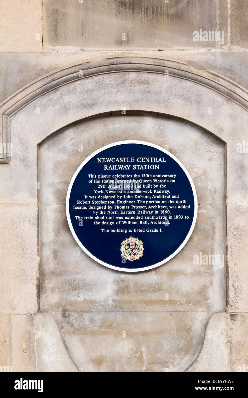 Plaque on platform four of Newcastle Central Railway station commemorating the 150th anniversary of its opening in 1850. Stock Photo