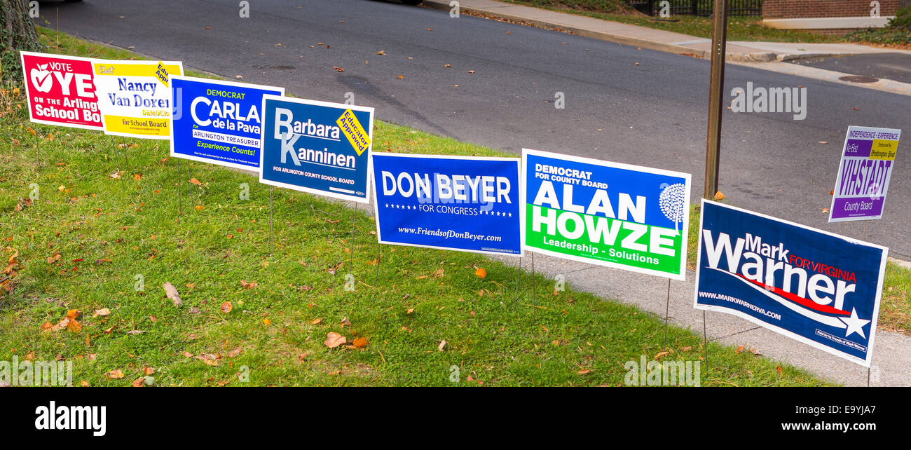 Arlington, Virginia, USA. 4th November, 2014. Campaign signs for Democratic candidates in Virginia, on election day November 4, 2014 Credit:  Rob Crandall/Alamy Live News Stock Photo