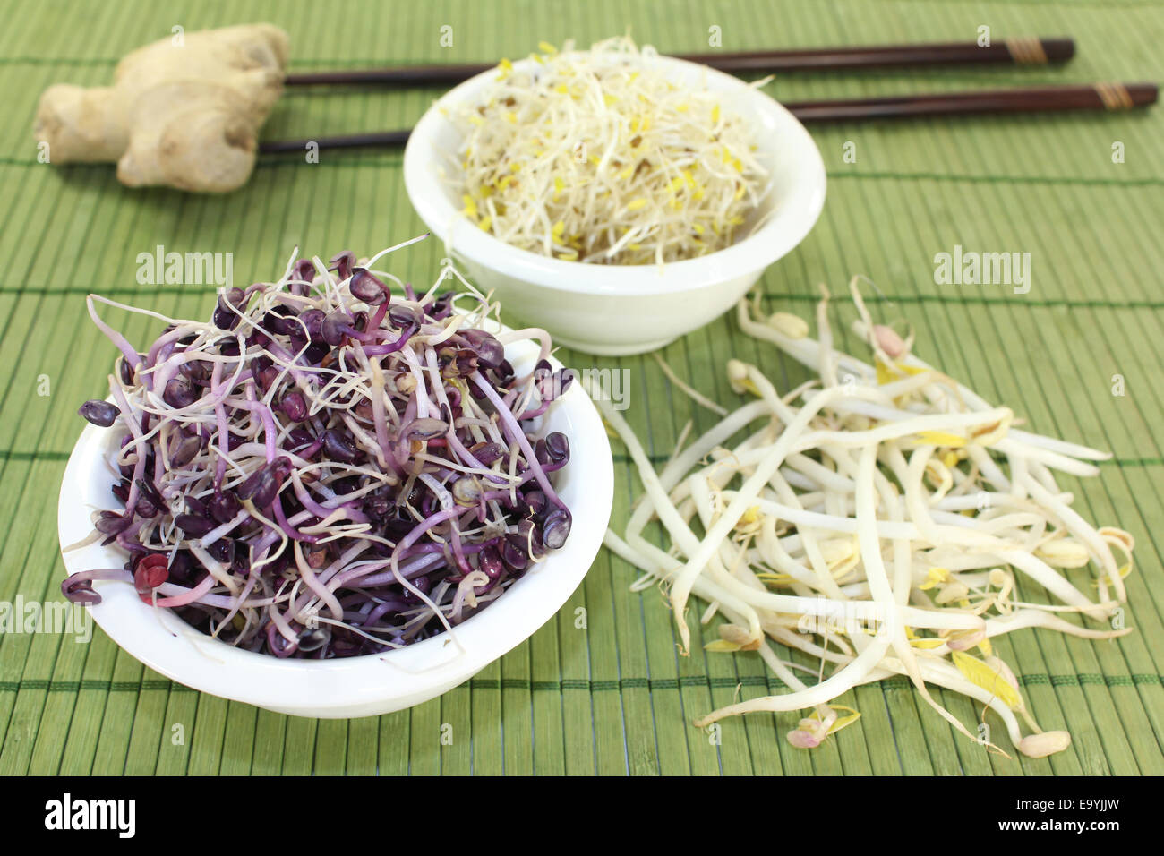 different varieties of sprouts on a bast mat Stock Photo