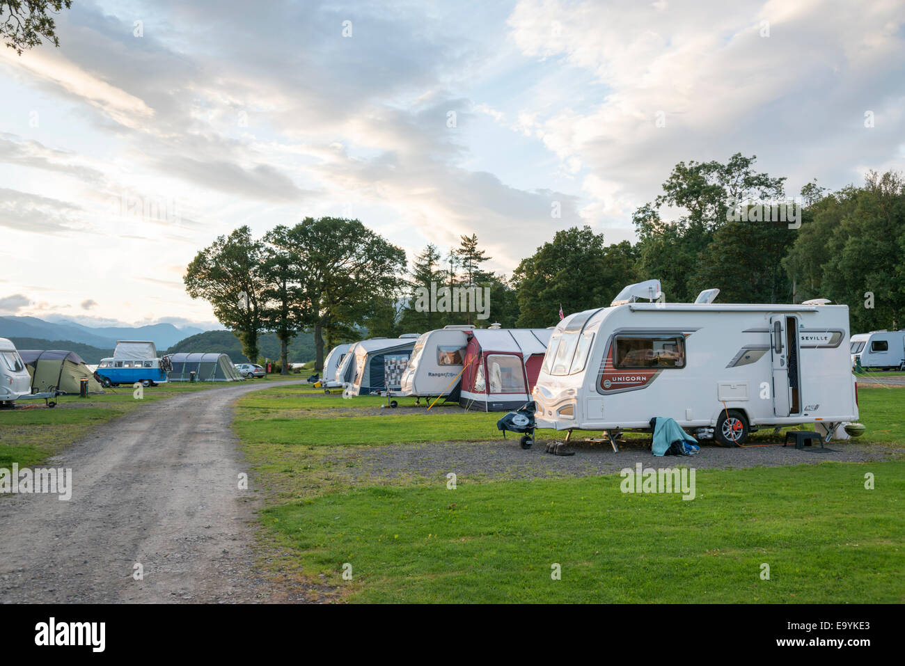 Caravans parked on a campsite near Loch Lomond Scotland UK Stock Photo