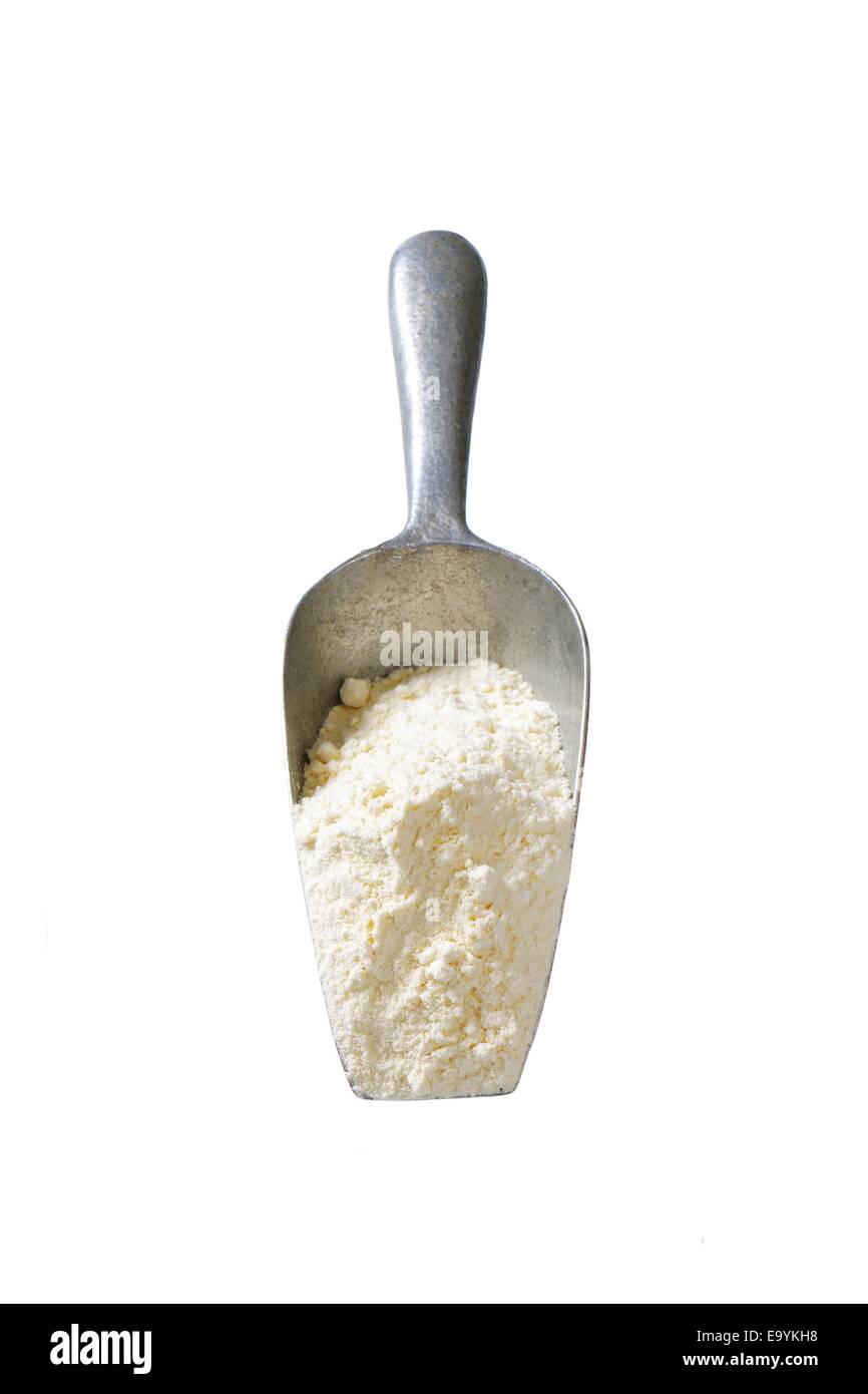 Metal scoop of finely ground flour Stock Photo