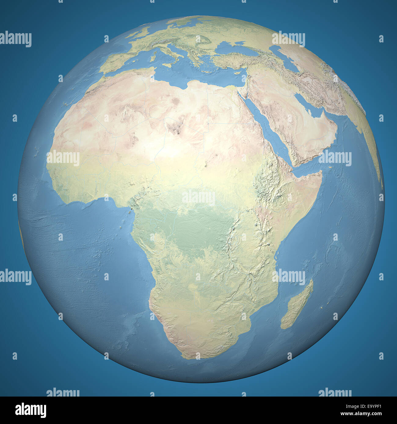 Earth model planet featuring Africa and middle eastern countries surrounded by blue ocean and clouds isolated on blue Stock Photo