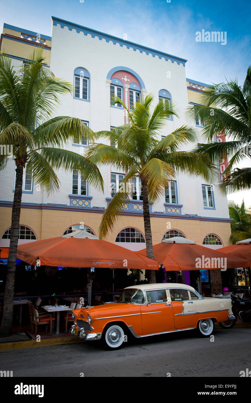Classic American Car on Ocean Drive. Miami Beach, Florida Stock Photo
