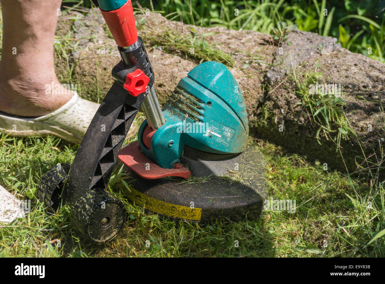 Man busy and concentrated trimming grass in the garden with brush cutter Stock Photo