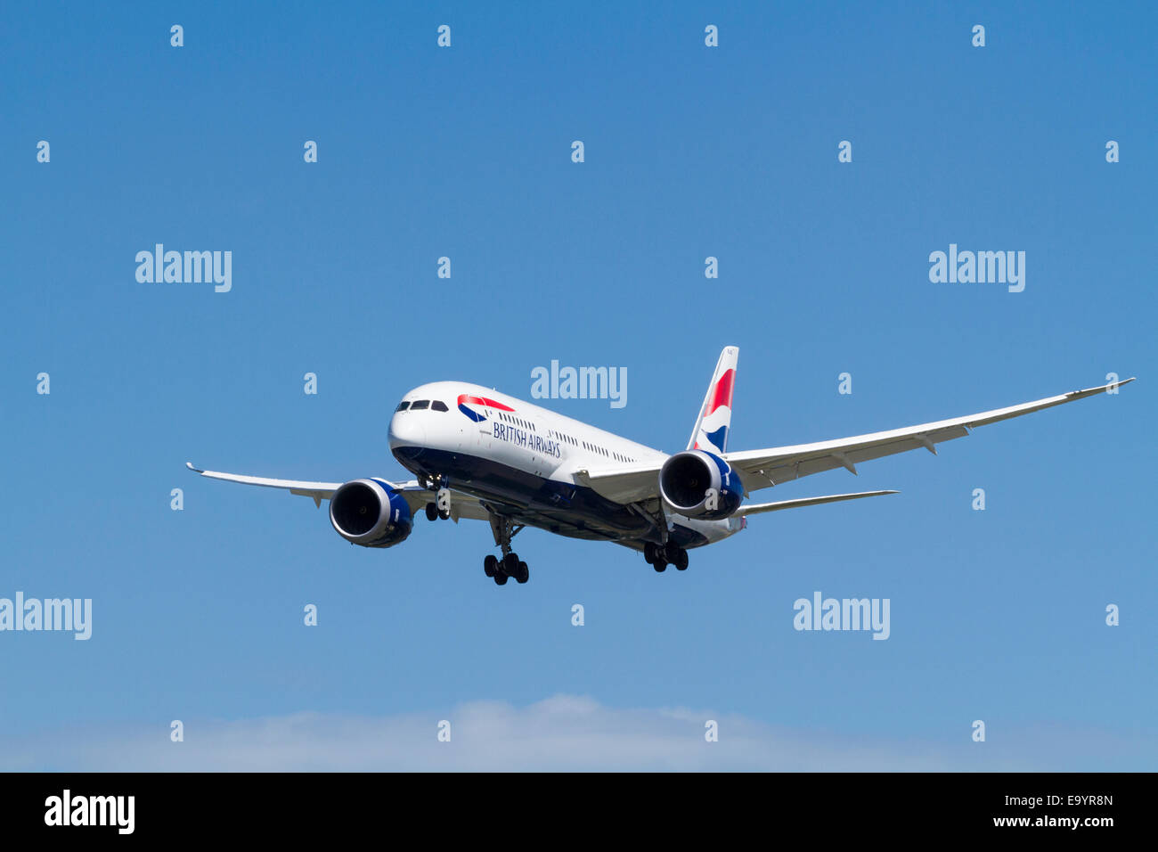 British Airways Boeing 787 plane, G-ZBJB, on landing approach at London Heathrow, England, UK Stock Photo