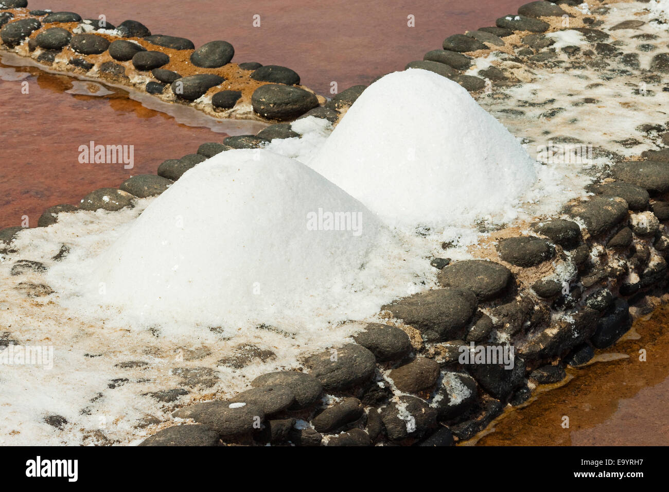 Salt piles at working pans, El Carmen Salinas & Salt Museum on E coast; Caleta de Fuste, Fuerteventura, Canary Islands, Spain Stock Photo