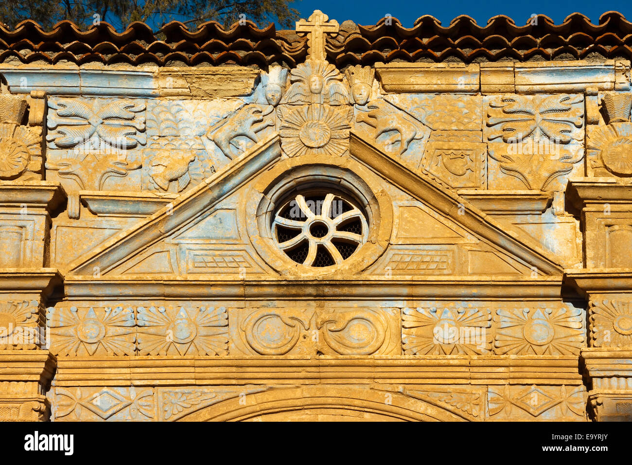 Latin American style door lintel of late 17C Church of Nuestra Senora de la Regla; Pajara, Fuerteventura, Canary Islands, Spain Stock Photo