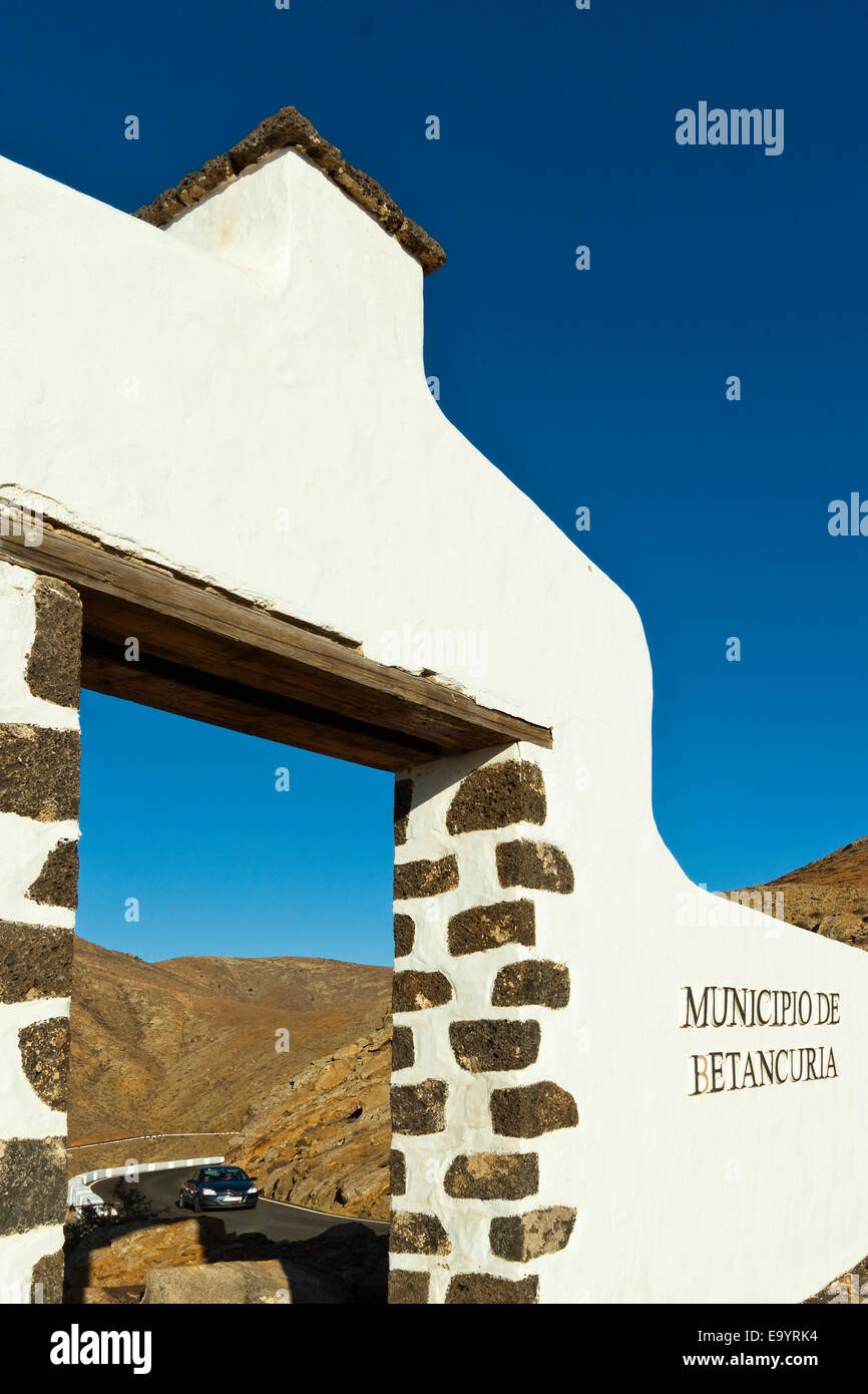 Gateway to Betancuria district at Risco de las Penas lookout in eastern highlands; Pajara, Fuerteventura, Canary Islands, Spain Stock Photo