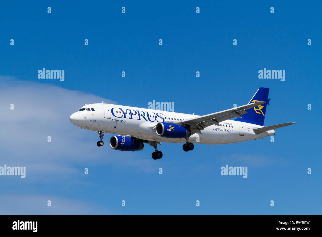Cyprus Airways Airbus A320-200 plane, 5B-DCK, named Pafos, on its approach for landing at London Heathrow, England, UK, Stock Photo