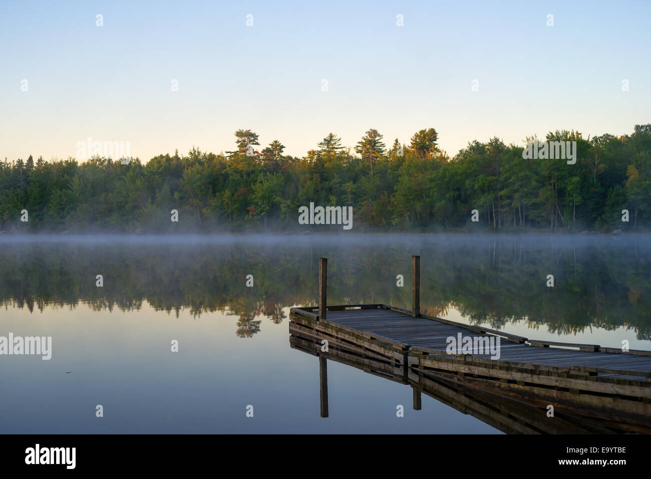 Floating boat dock with a calm early morning mist hanging above the water and the sun just touching the tops of the forest and t Stock Photo